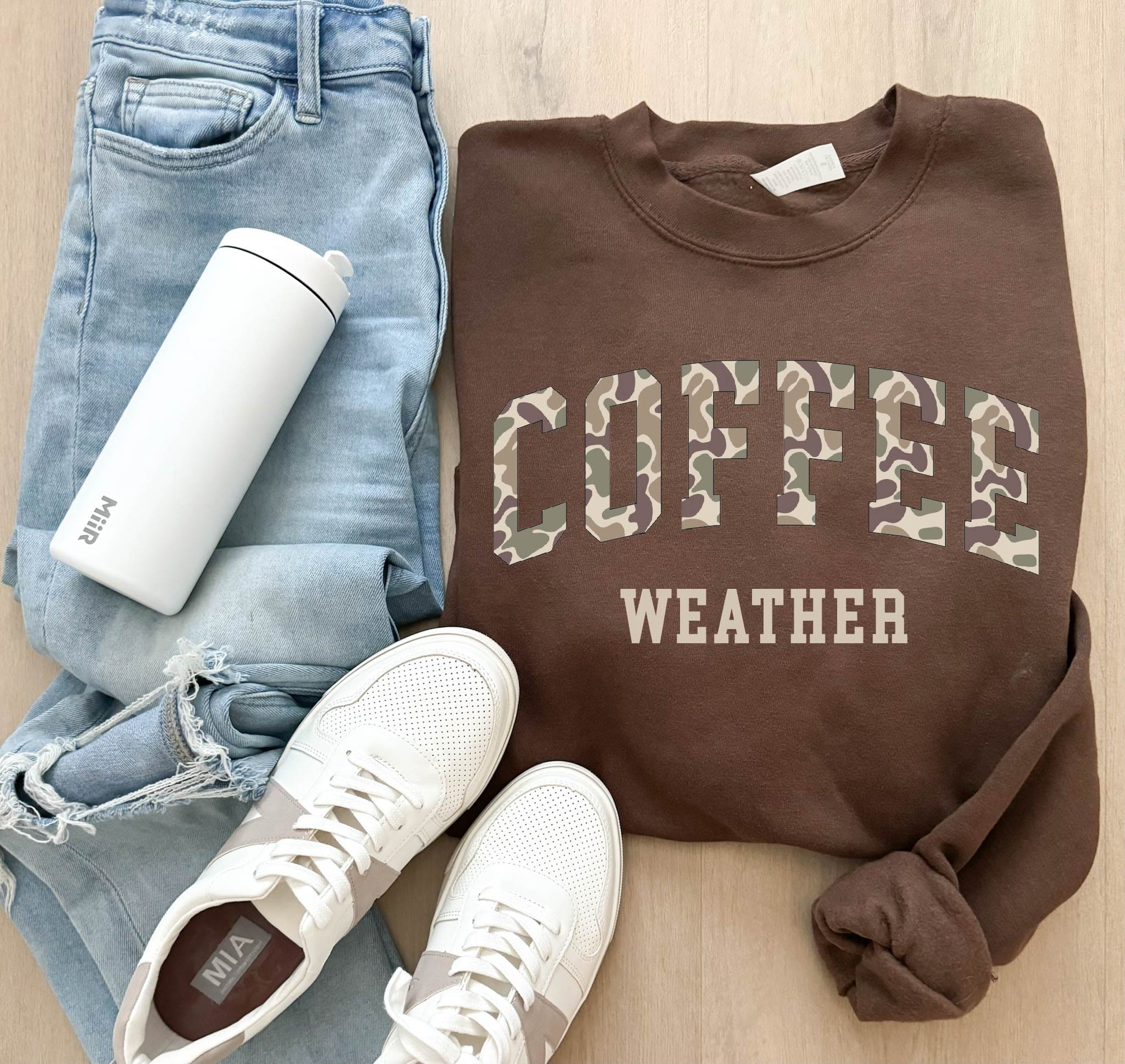Coffee weather camo print sweatshirt fall Lane seven 