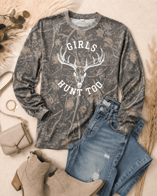 Girls Hunt Too Heavy Weight Long Sleeve Tee camo Independent Trading Co. 